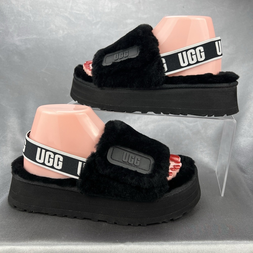 UGG Disco Slide‎ Platform Slippers Women's 8 Black Fuzzy Slingback Shoes 1112258